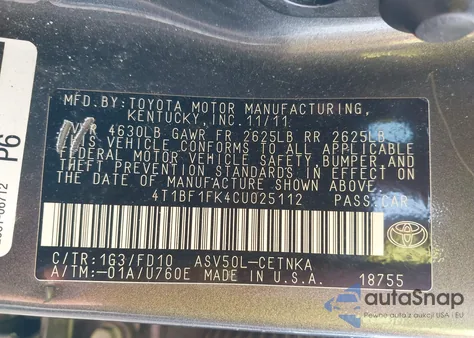 2012 Toyota Camry Le из США, поврежденный, VIN 4T1BF1FK4CU025112